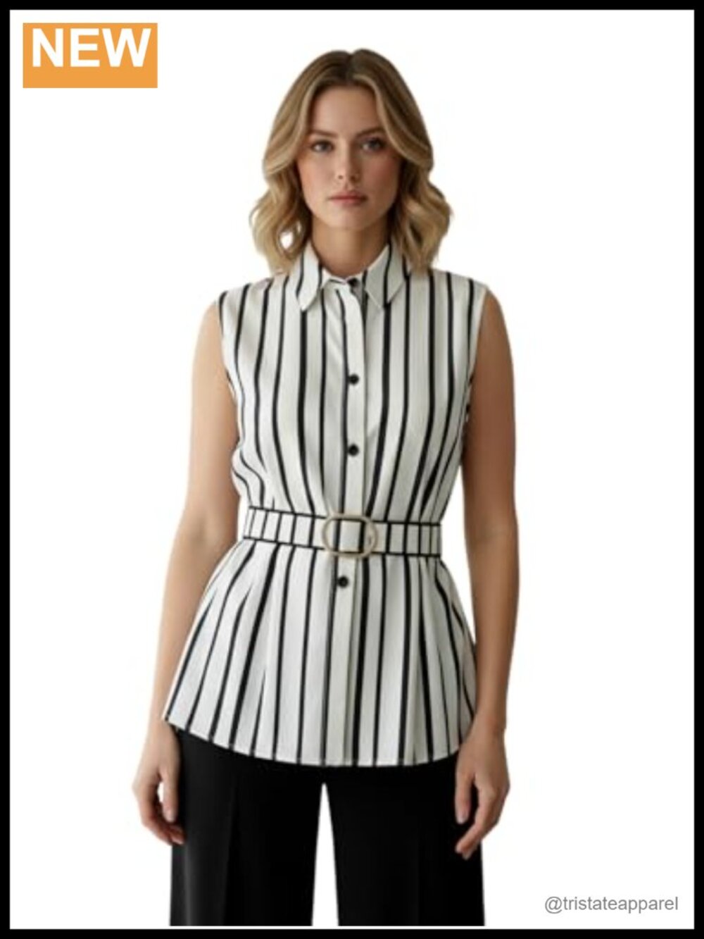 Women's Striped Belted Sleeveless Collared Button Down Blouse Top